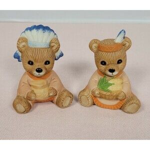 Homco Harvest Bears Thanksgiving Indian Figurines Pair Boy and Girl Bear